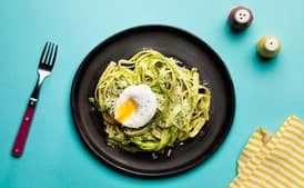Fettuccine with Asparagus, Beet Green Pesto, and Poached Egg