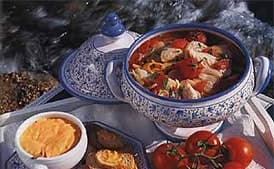 Fish Soup with Tomatoes and Red Pepper-Garlic Sauce