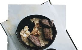 Flatiron Steaks with Creamy Juniper Sauce with Hash Browns