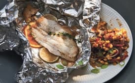 Flounder with Corn and Tasso Maque Choux