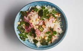 Fluke Poke With Coconut Rice and Pickled Onions