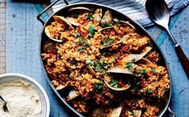 Freekeh Paella with Clams and Almond Aioli