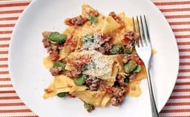 Fresh Pasta with Favas, Tomatoes, and Sausage