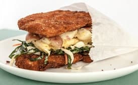 Fried Chicken and Waffle Sandwich with Potato Salad and Collard Slaw