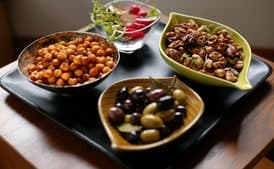 Fried Chickpeas and Spiced Nuts with Olives and Radishes