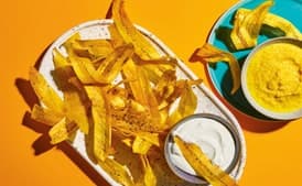 Fried Plantain Chips With Lime Sour Cream and Mango Hot Sauce