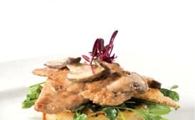 Gardein "Chicken" Scaloppini with Shiitake Sake Sauce, Pea Shoots, and Udon Noodle Cakes