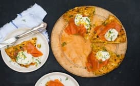 Green Garlic and Leek Matzo Brei With Smoked Salmon and Horseradish Cream