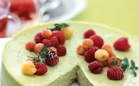 Green Tea Cheesecake with Raspberries and Raspberry-Mint Tisane
