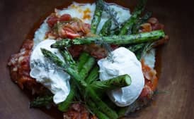 Griddled Asparagus, Piperade, Poached Eggs, and Grits