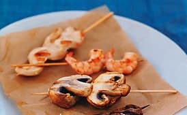 Grilled Beef, Chicken, Shrimp, and Mushroom Skewers