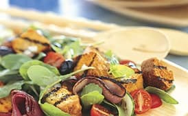 Grilled Cornbread Salad with Red Onions, Arugula, and Red Wine Vinaigrette