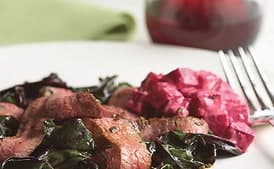 Grilled Flank Steak with Sauteed Beet Greens and Creamy Horseradish Beets