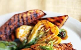 Grilled Halibut, Eggplant, and Baby Bok Choy with Korean Barbecue Sauce