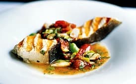 Grilled Halibut with Lima Bean and Roasted Tomato Sauce