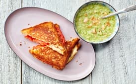 Grilled Heirloom Tomato and Mozzarella Sandwiches with Green Heirloom Tomato Gazpacho
