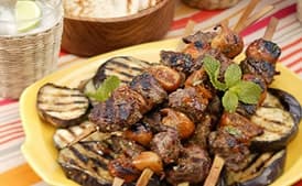 Grilled Lamb and Fig Skewers with Mint-Pepper Glaze and Grilled Eggplant