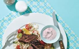 Grilled Lamb Loin With Tomato and Cucumber Raita and Israeli Couscous
