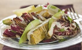 Grilled Marinated Tempeh Steak with Avocado, Radicchio, Orange Dressing, and Tahini