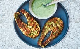 Grilled Salmon Steaks with Cilantro-Garlic Yogurt Sauce