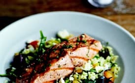 Grilled Salmon with Orzo, Feta, and Red Wine Vinaigrette
