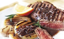 Grilled Steak and Onions with Rosemary-Balsamic Butter Sauce