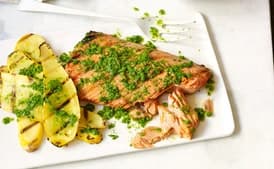 Grilled Wild Salmon with Garlic Scape Pesto and Summer Squash