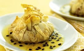 Guava and Manchego Phyllo Pouches with Passion Fruit Syrup