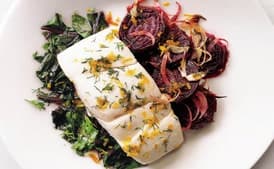Halibut with Roasted Beets, Beet Greens, and Dill-Orange Gremolata