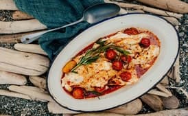 Halibut with Spicy Sausage, Tomatoes, and Rosemary