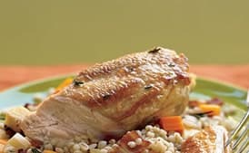 Herb-Basted Chicken with Pearl Barley, Bacon, and Root Vegetable Pilaf