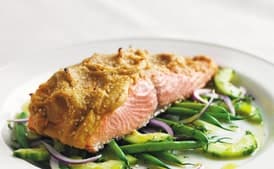 Hummus-Crusted Alaskan Wild King Salmon Over a Bed of French Beans, Red Onion, and Cucumber Salad with Lemon Oil