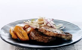 Jerk Pork Chops with Hearts of Palm Salad and Sweet Plantains