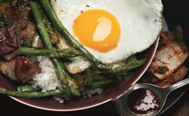Korean Rice Bowl with Steak, Asparagus, and Fried Egg