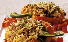 Lamb and Orzo Stuffed Pepper with Chunky Tomato Sauce