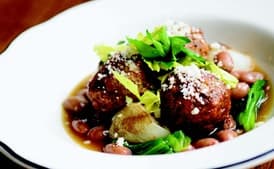 Lamb Meatballs with Escarole, Cipollini Onions, and Cranberry Beans