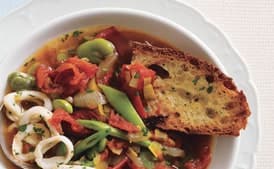 Late Summer Tomato Soup with Shell Beans, Squid Rings and Parsley