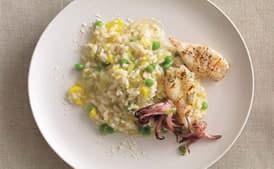 Leek and Pea Risotto with Grilled Calamari