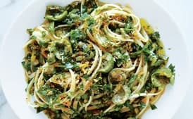 Linguine with Green Olive Sauce and Zesty Breadcrumbs