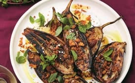 Long-Roasted Eggplant with Garlic, Labne, and Tiny Chile Croutons