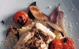 Mahimahi with Charred Onion, Tomatoes, and Tapenade Vinaigrette
