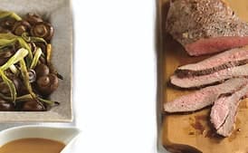 Marinated Tri-Tip with Chinese Mustard Sauce and Roasted Green Onions and Mushrooms