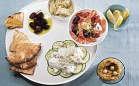Meze Platter with Hummus, Shrimp Salad, and Cucumber Salad