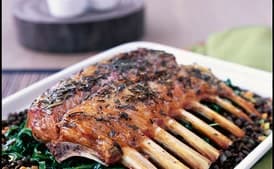 Mini Rack of Lamb with Nutty Beluga Lentils and Sautéed Garlic Spinach
