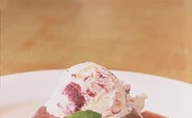 Mole Cake with Cherry-Almond Ice Cream, Tamarind Anglaise, and Orange Caramel