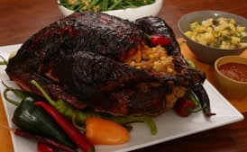 Mole-Roasted Turkey with Masa Stuffing and Chile Gravy
