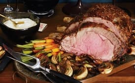 Mustard-Seed-Crusted Prime Rib Roast with Roasted Balsamic Onions
