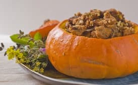 Neo-Classical Thanksgiving Dressing with Apricots and Prunes, Stuffed in a Whole Pumpkin