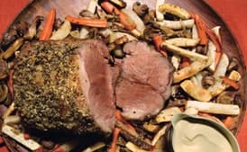 New York Strip and Fall Vegetable Roast with Mustard Cream Sauce