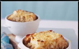 Onion Soup with Loads of Thyme and Giant Gruyère Crostini